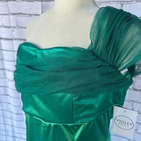 NWT Violet Weekend One Shoulder Satin Cascading Ruffle Gown Jade Size 17/18 - Picture 7 of 15